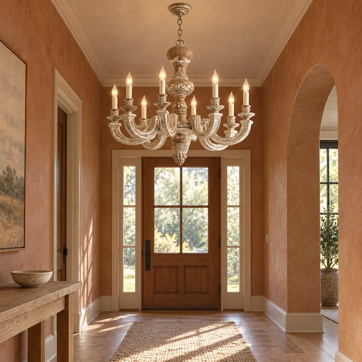 Elowen rustic wood chandelier in a clay-toned foyer entry