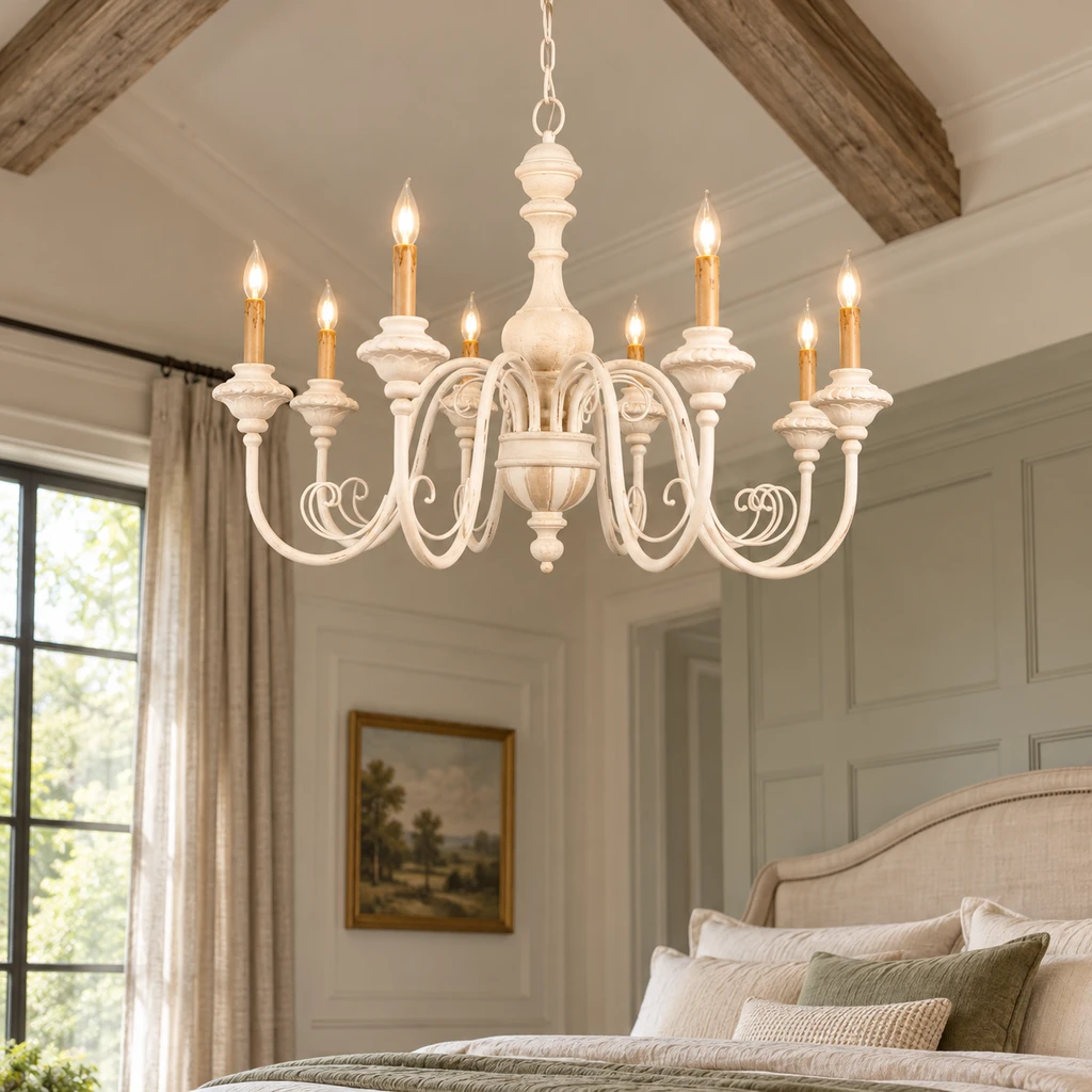 Elise American Vintage Carved Wood Chandelier, Soft White Wood, high-ceiling bedroom setting
