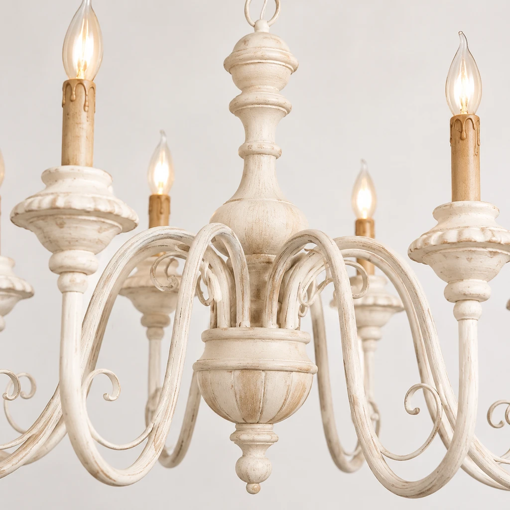Elise American Vintage Carved Wood Chandelier, Soft White Wood, close view of the primary material and finish
