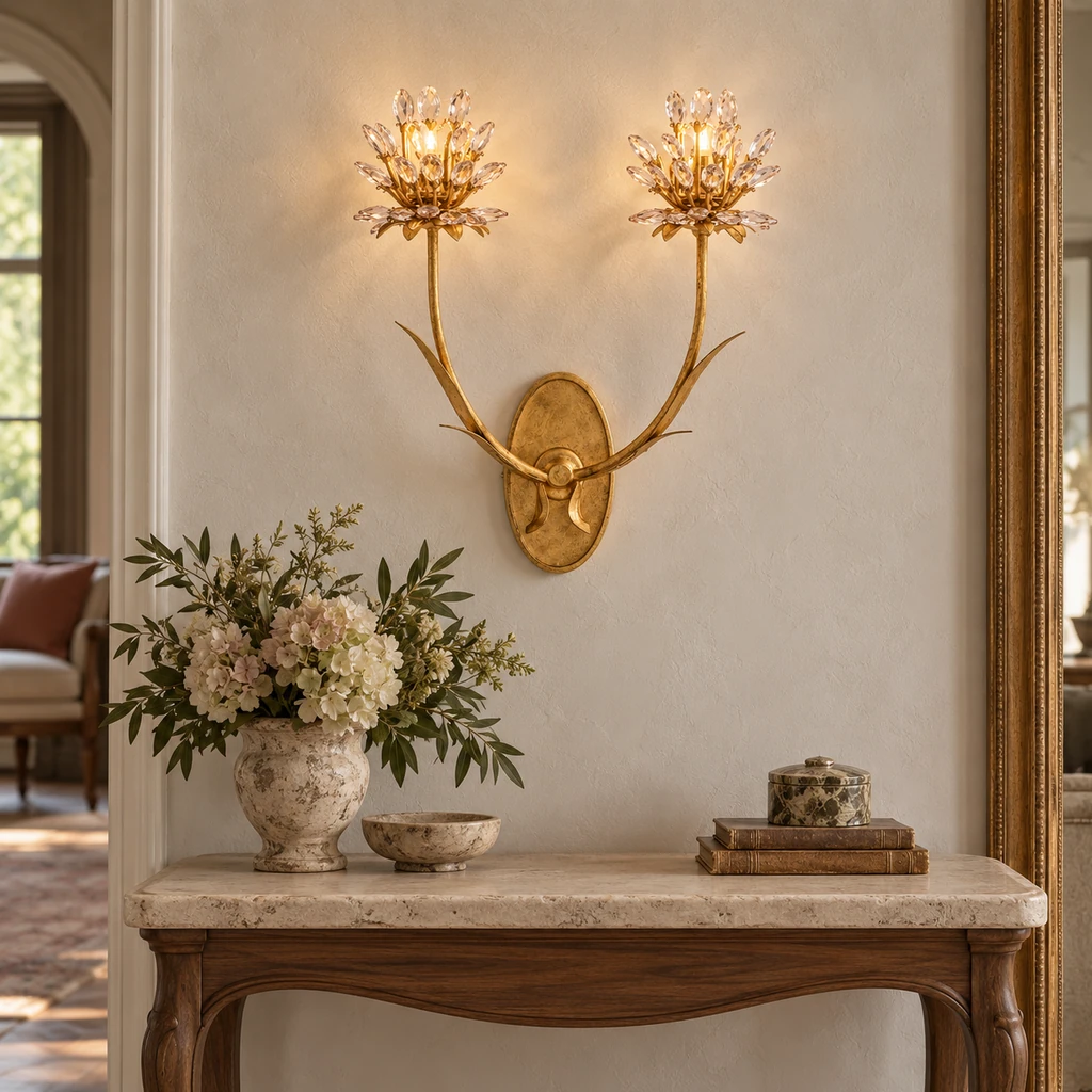Aria crystal flower wall light above a French entry console