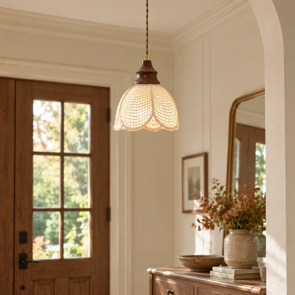 Lina Vintage Floral Ceramic Wood Pendant Light in an entry setting