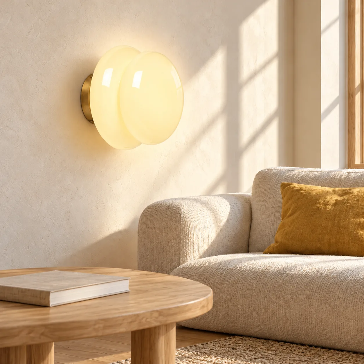 Pale yellow wall light above a sofa