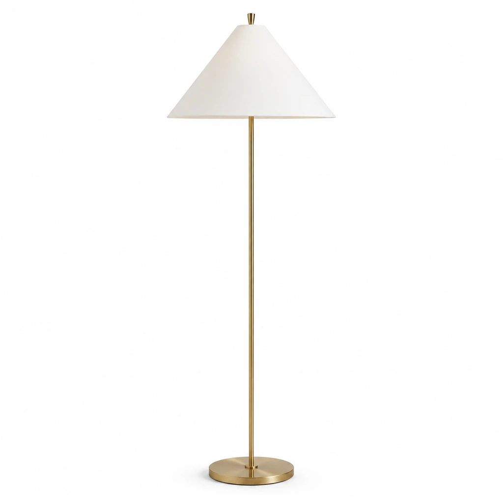 Antique brass Clara tapered fabric shade floor lamp on white