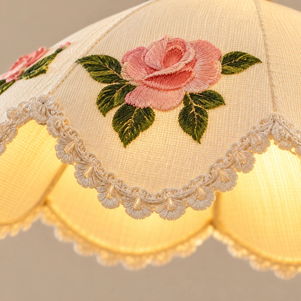 Close detail of the scalloped fabric shade edge