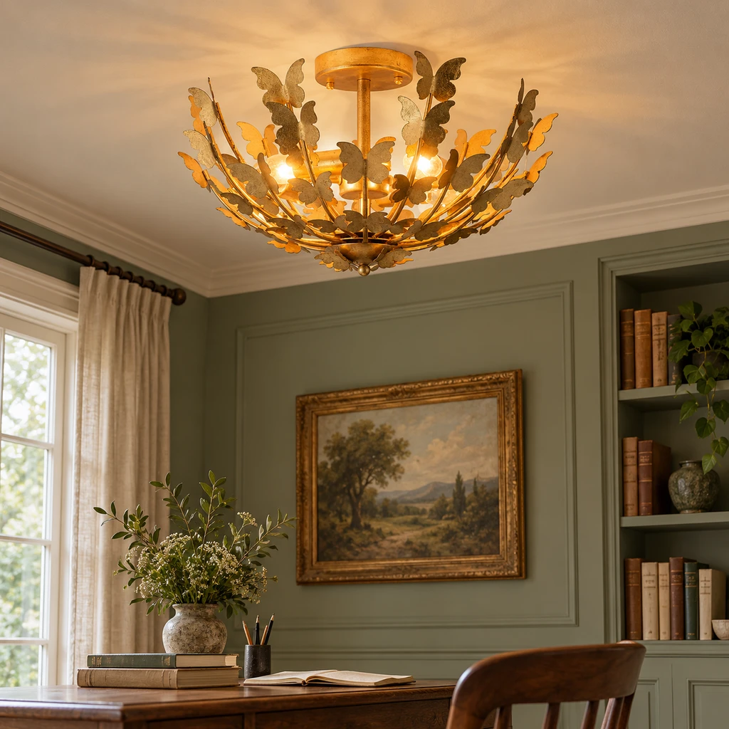 Elena butterfly ceiling light in a muted sage study nook