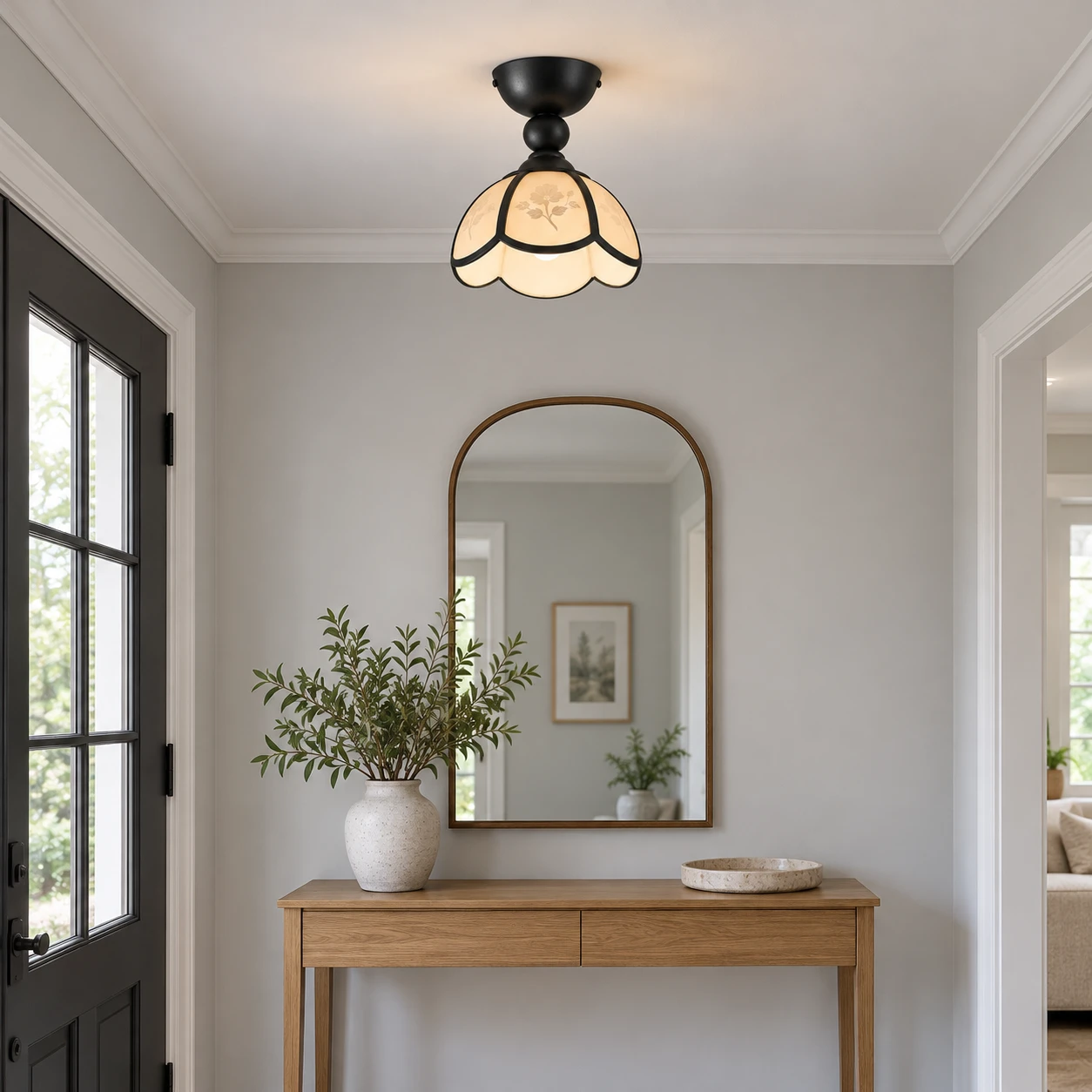 Vintage petal acrylic flush mount ceiling light in a cool entry