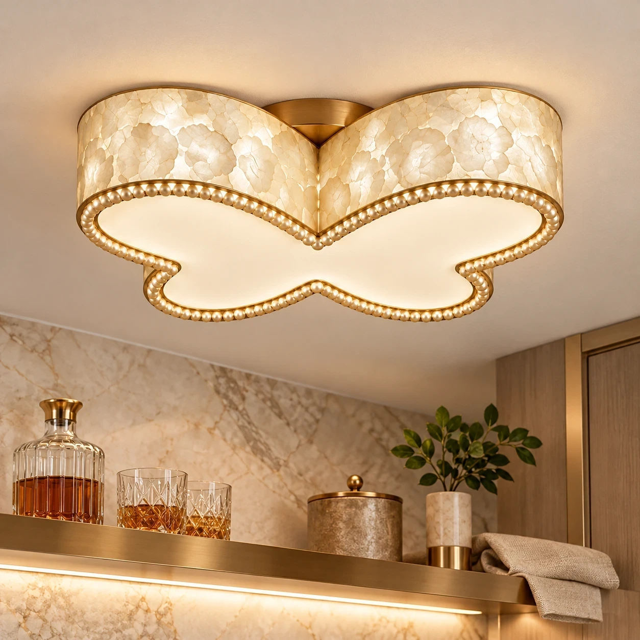 Wushlp Vintage Butterfly Shell Flush Mount Ceiling Light above a compact bar corner