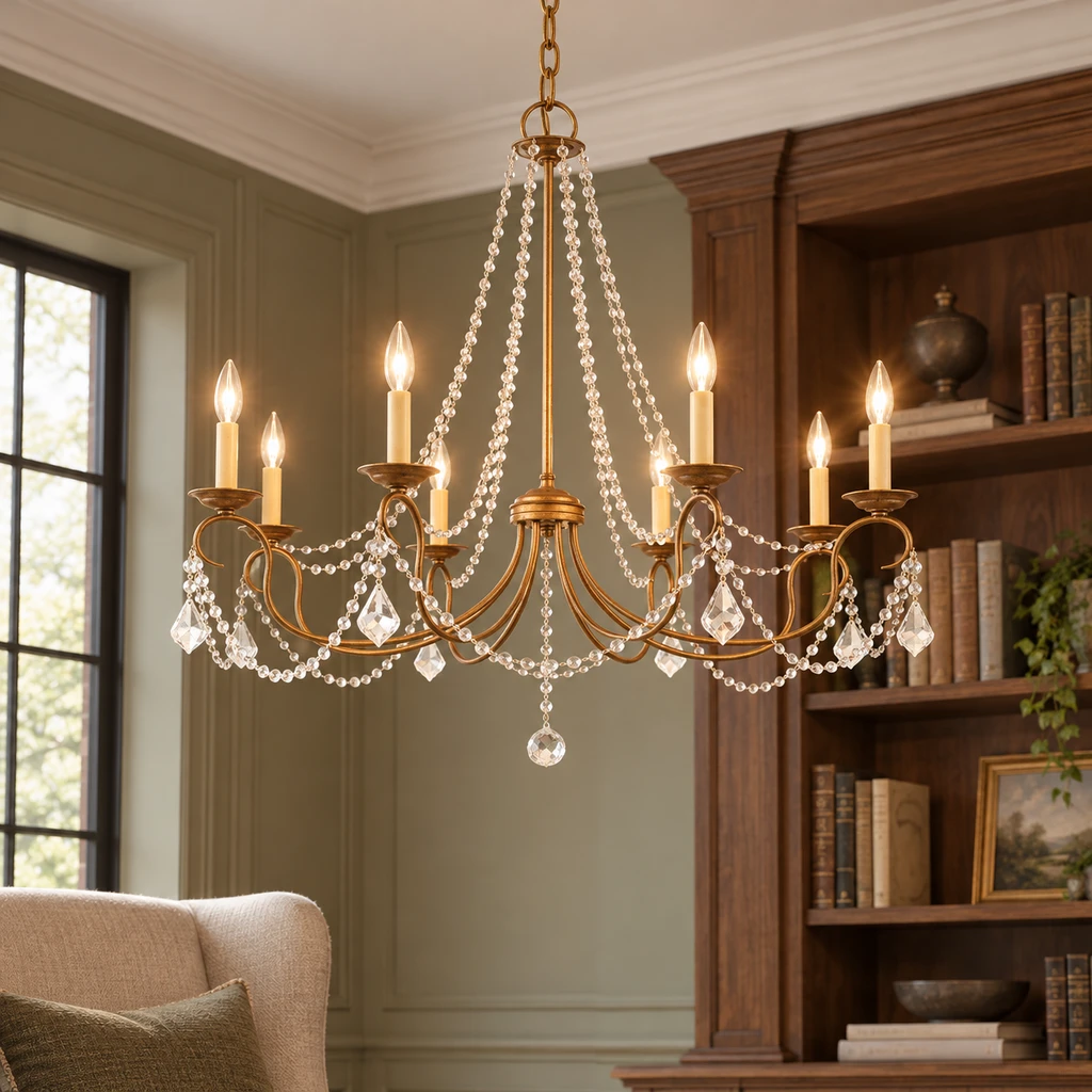 Mila American Vintage Crystal and Iron Chandelier, Antique Gold Crystal, library setting