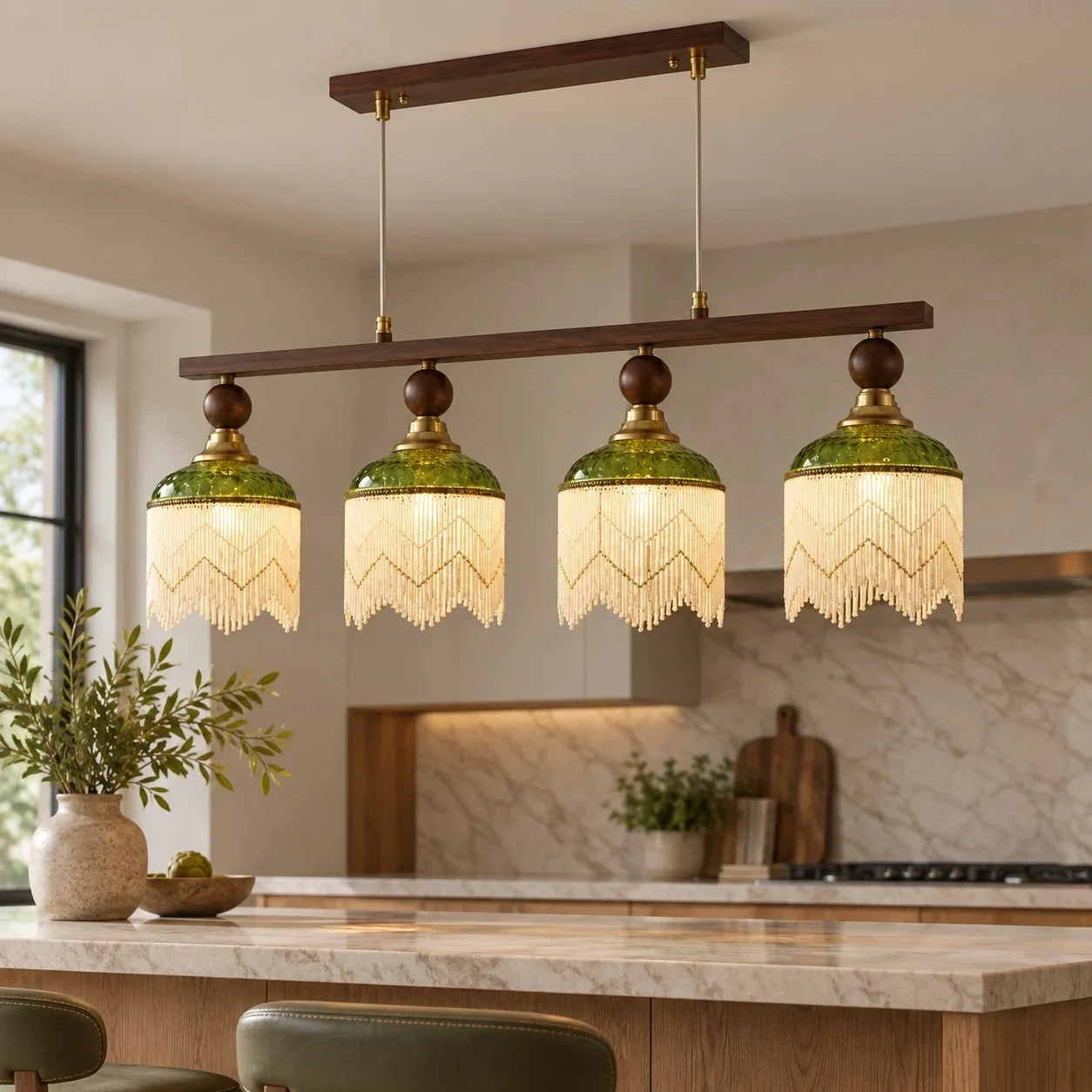 Wushlp Vintage Four-Light Green Glass Linear Pendant Light in a living room