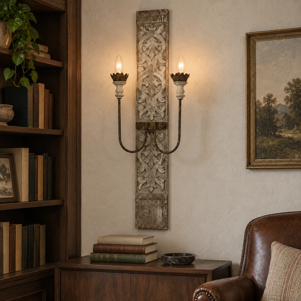 Marielle two-light wall sconce in a home library alcove