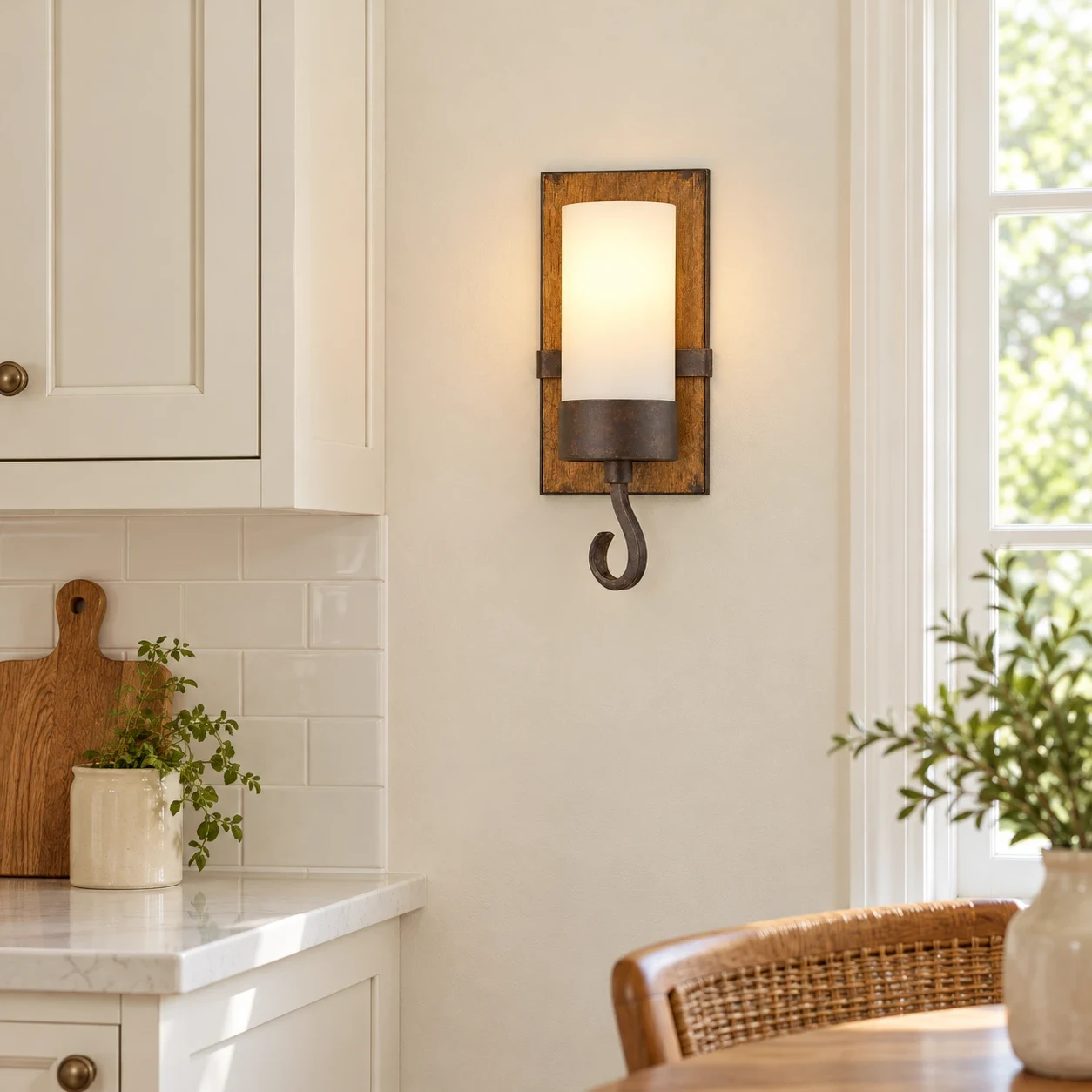 Wren wood wall sconce on a cream kitchen wall