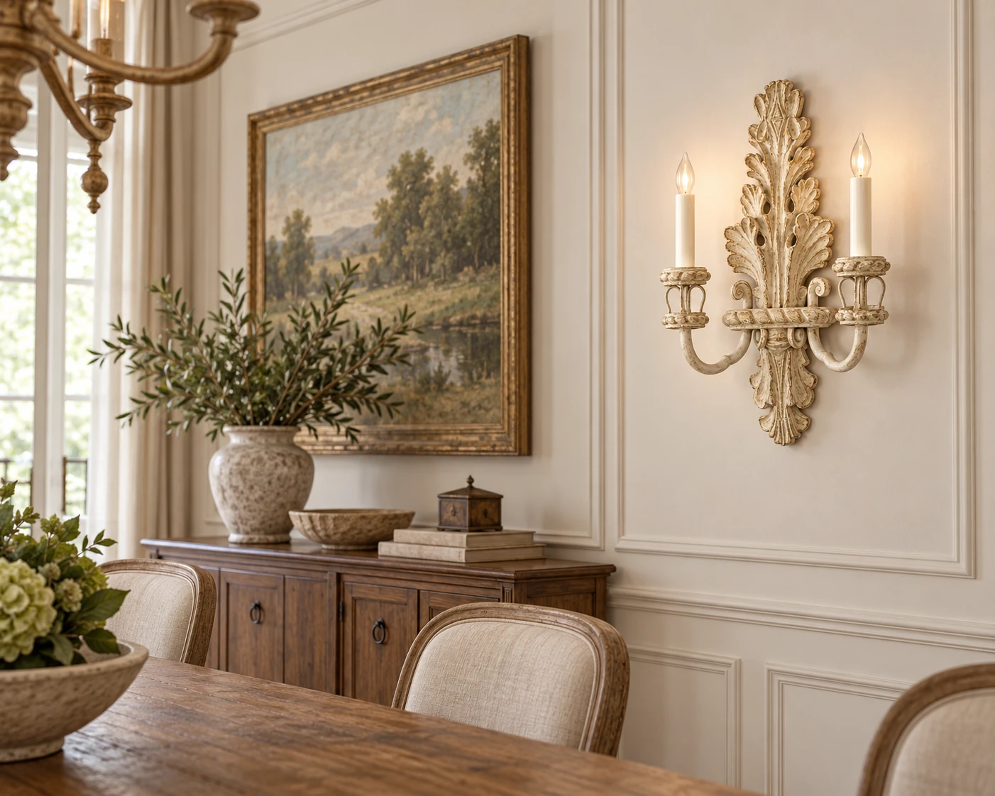 Odette French Candle Wood Wall Sconce in a residential interior
