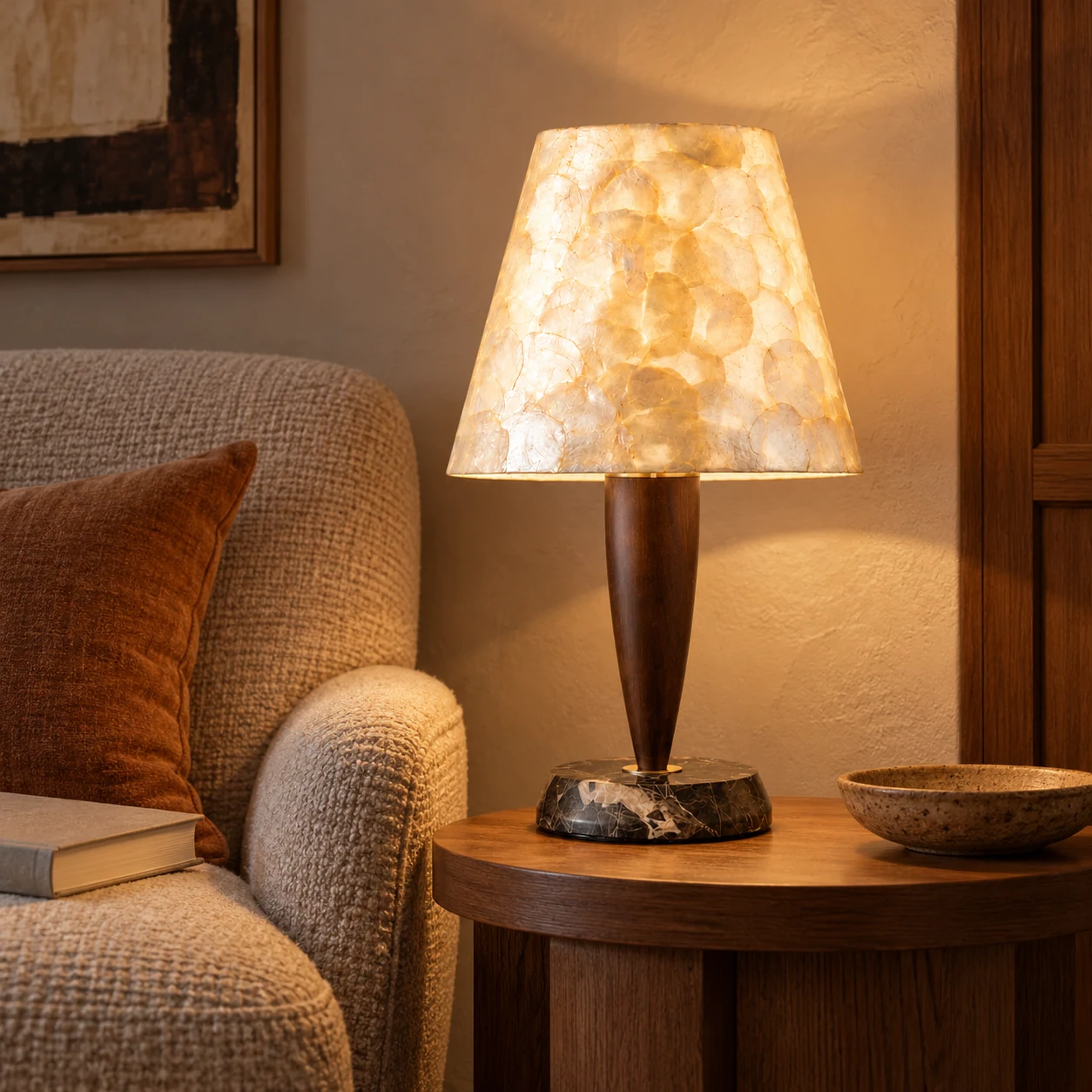 Vintage Textured Shell and Solid-Wood Table Lamp in a reading corner