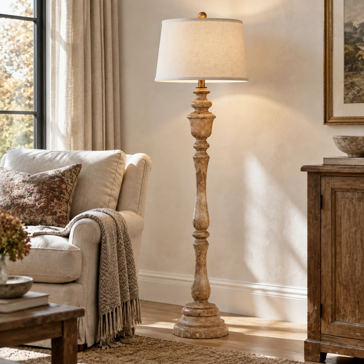 Lucia French Carved Wood Floor Lamp — scene