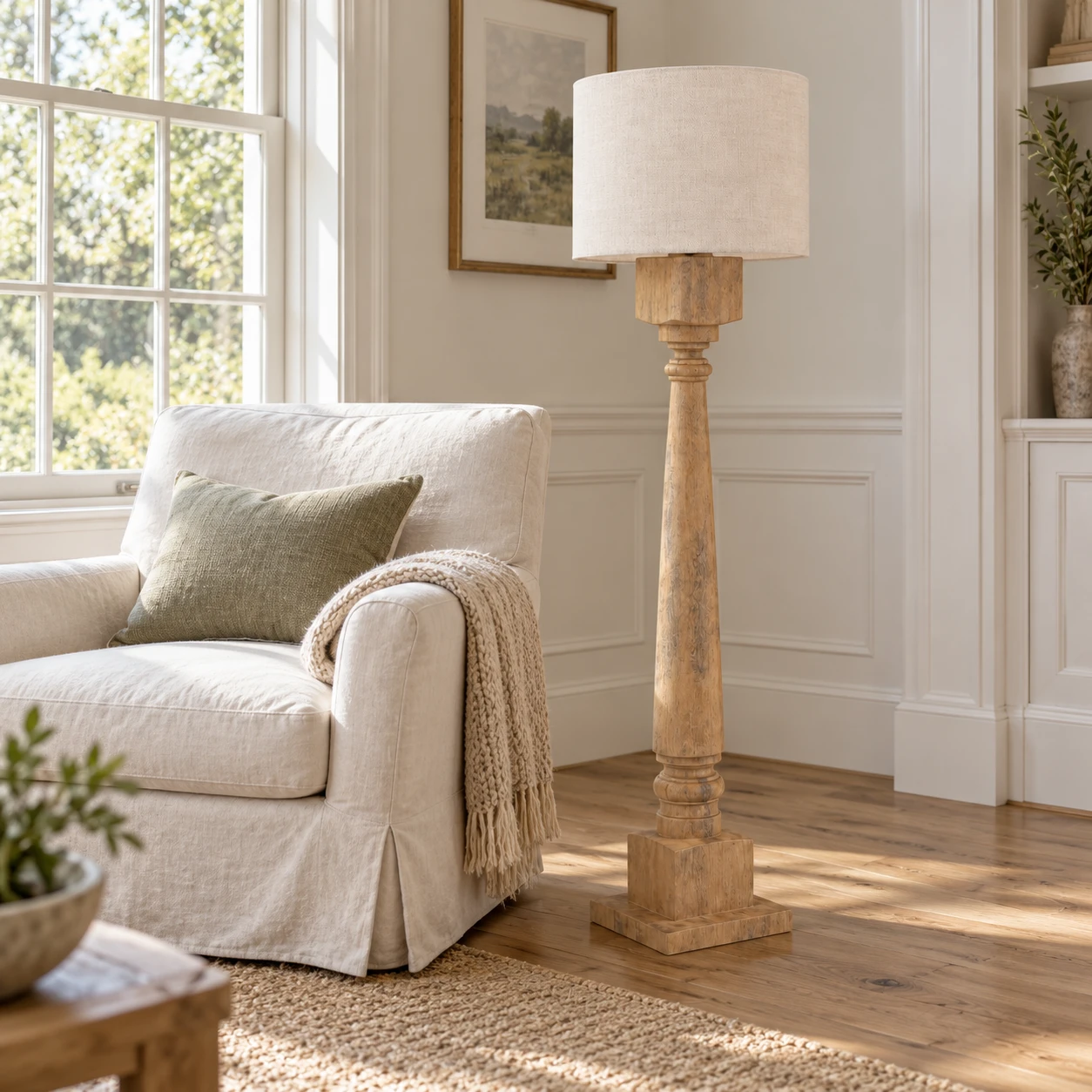 Natural Wood carved wood floor lamp in bright seating nook