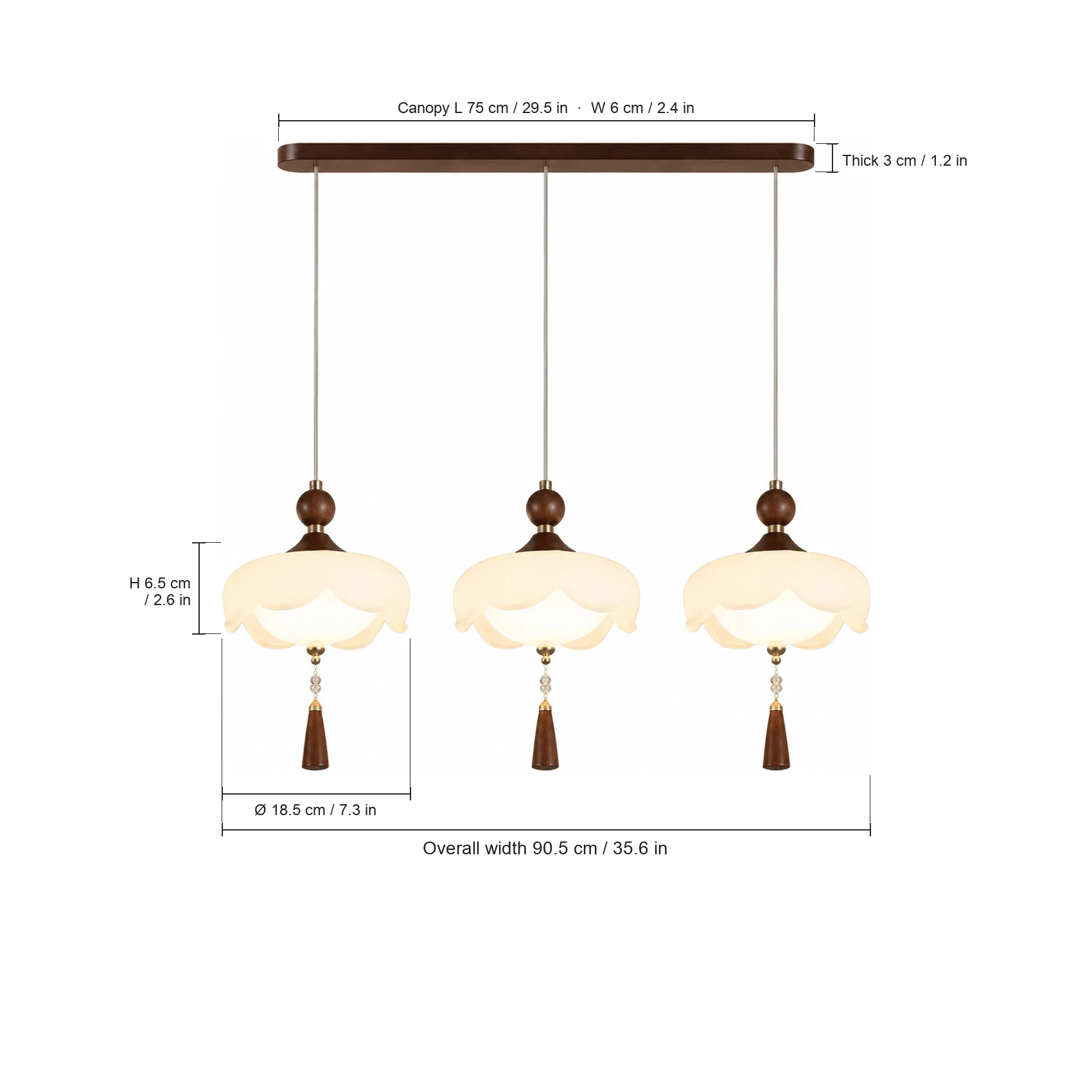 Dimension diagram three-light span 90.5 cm, canopy 75×6×3 cm, shade Ø18.5×H6.5 cm