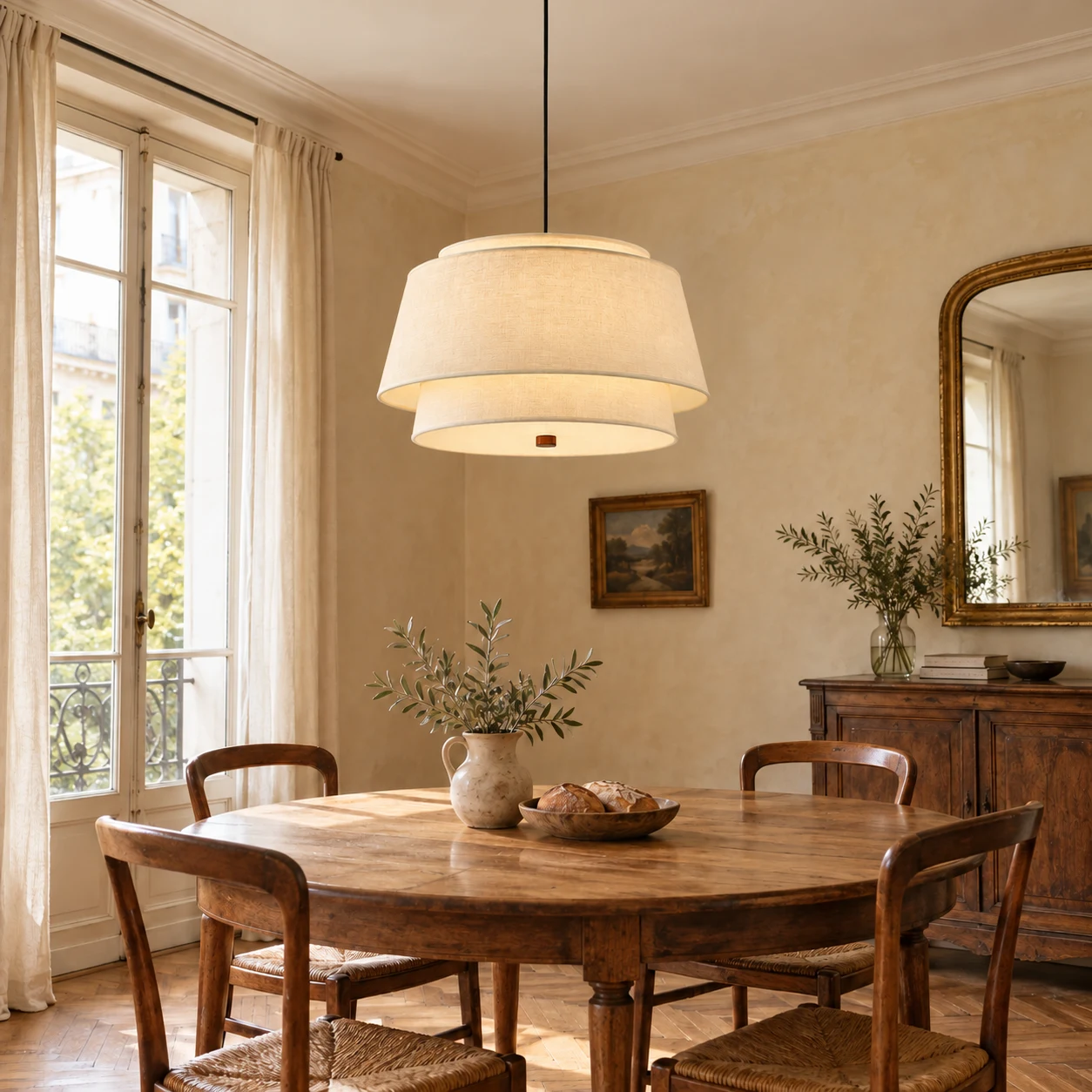 Liora Vintage Double-Tier Fabric and Wood Pendant Light in cream over a dining table
