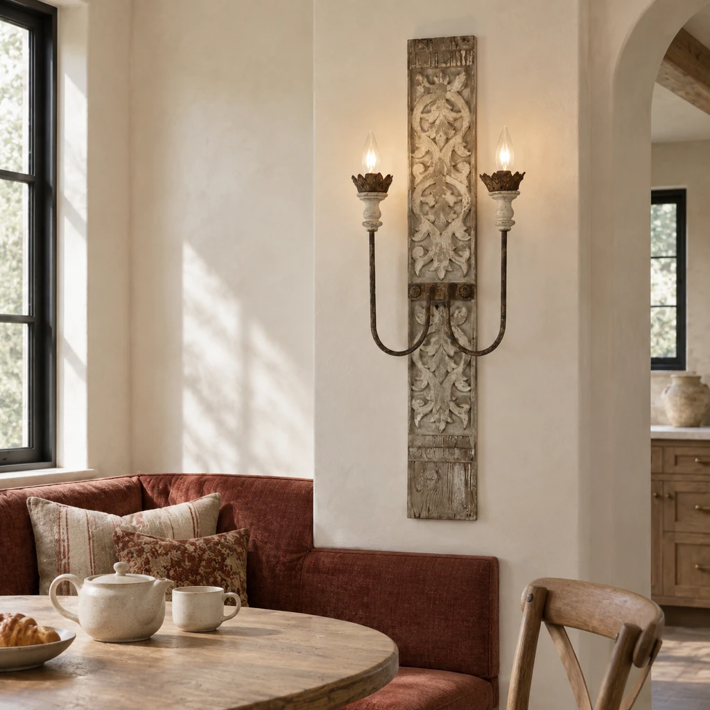 Marielle two-light wall sconce above a breakfast banquette edge