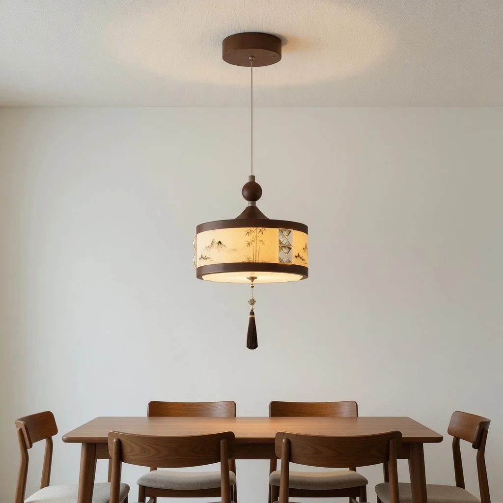 Cream-yellow mini pendant in a dining room, canopy attached to the ceiling