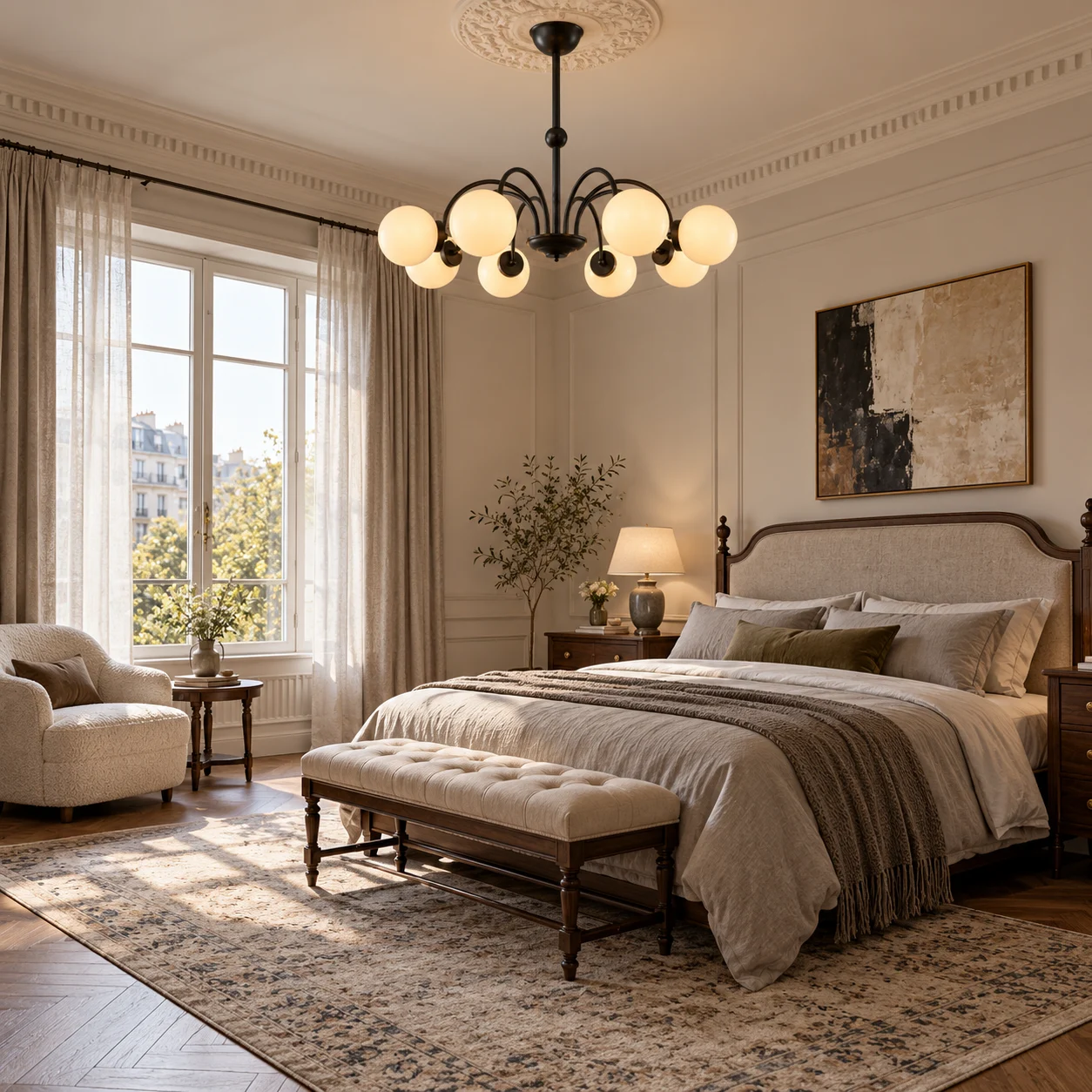 Elise French Vintage Black Glass Globe Chandelier in a bedroom