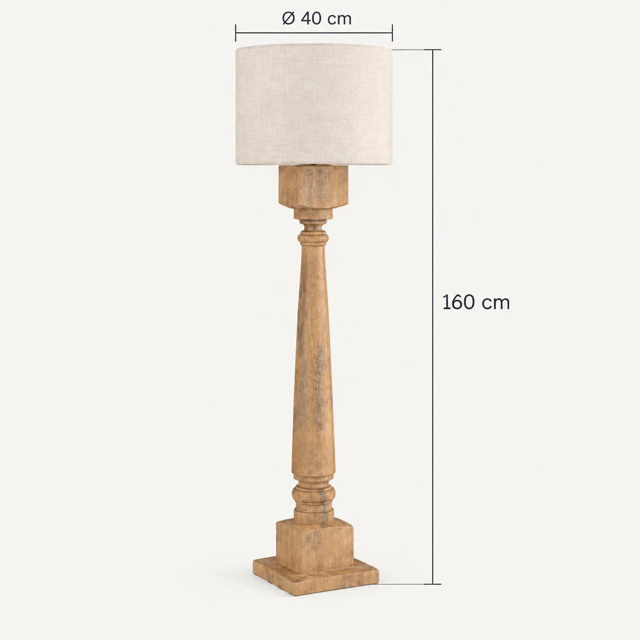 Natural Wood floor lamp dimensions: 40 cm diameter and 160 cm overall height
