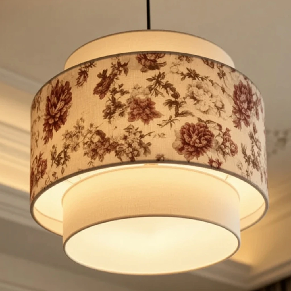 Mina Chinese Vintage Printed Iron Wood Fabric Pendant Light diffuser ring detail