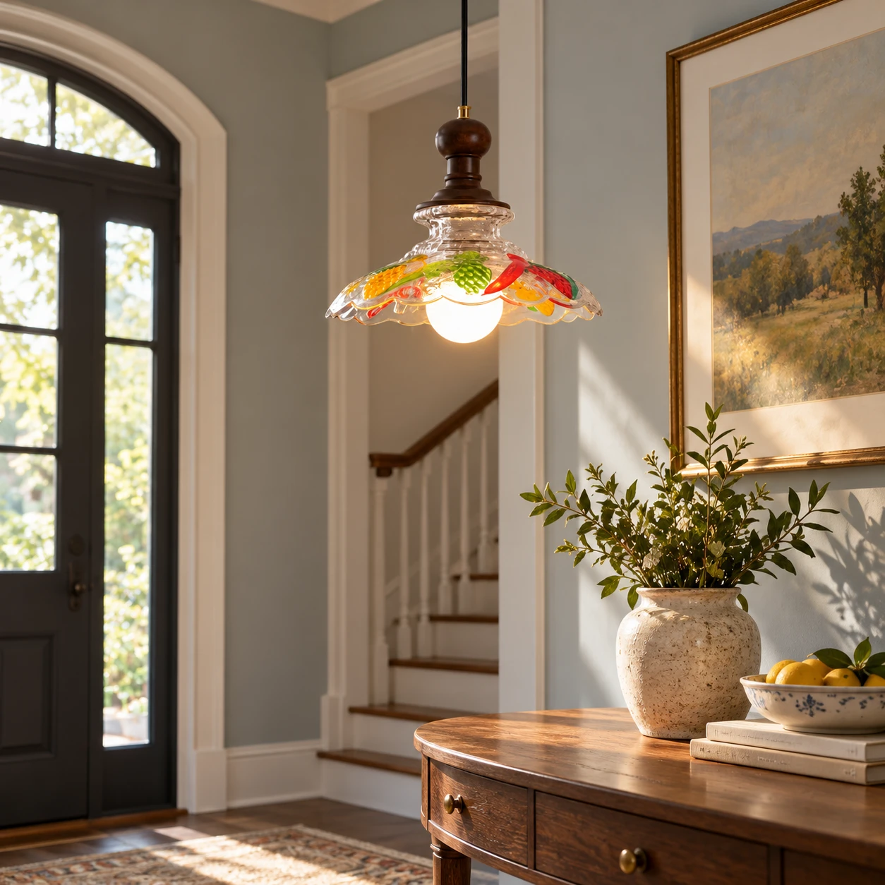 Painted glass pendant light above an entry console
