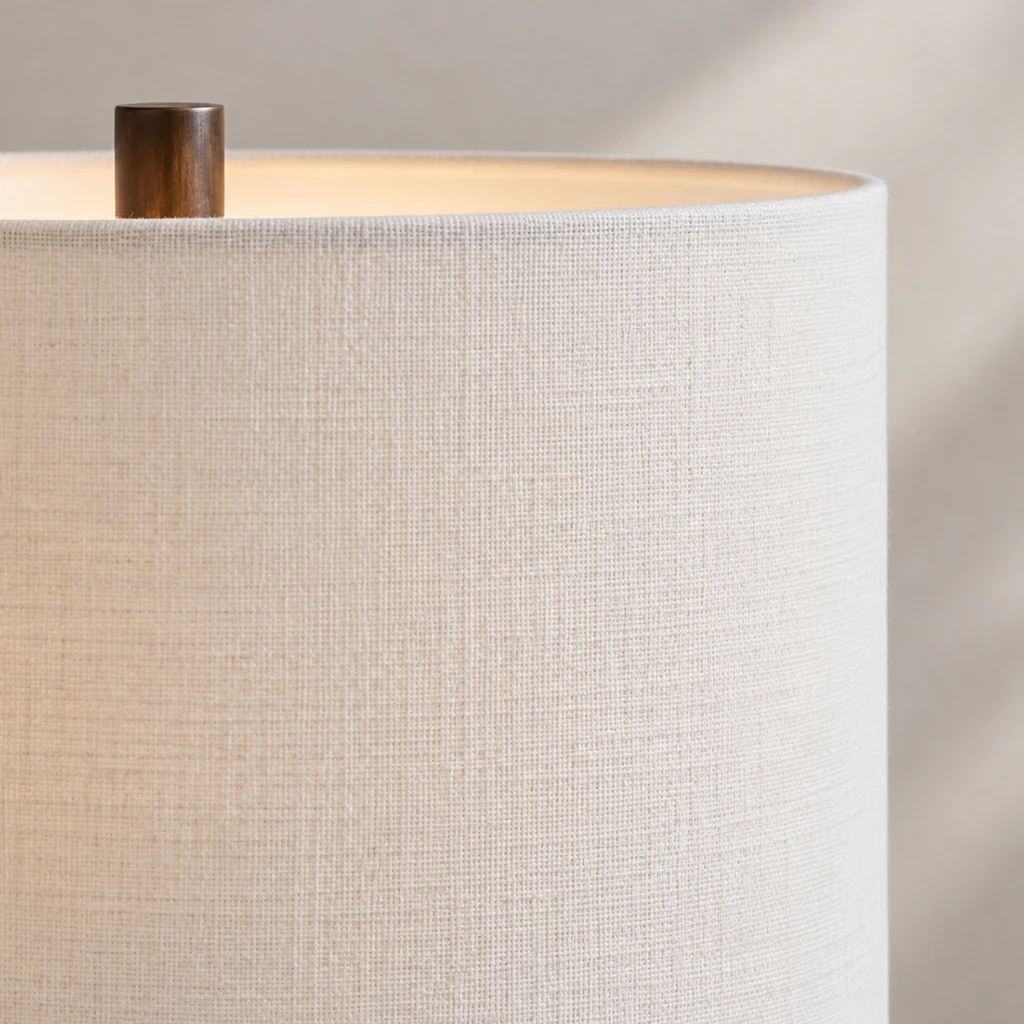 Amelia American Rustic Turned Wood and Fabric Floor Lamp, Dark Coffee - 45 cm wide x 160 cm high, close view of the secondary construction detail