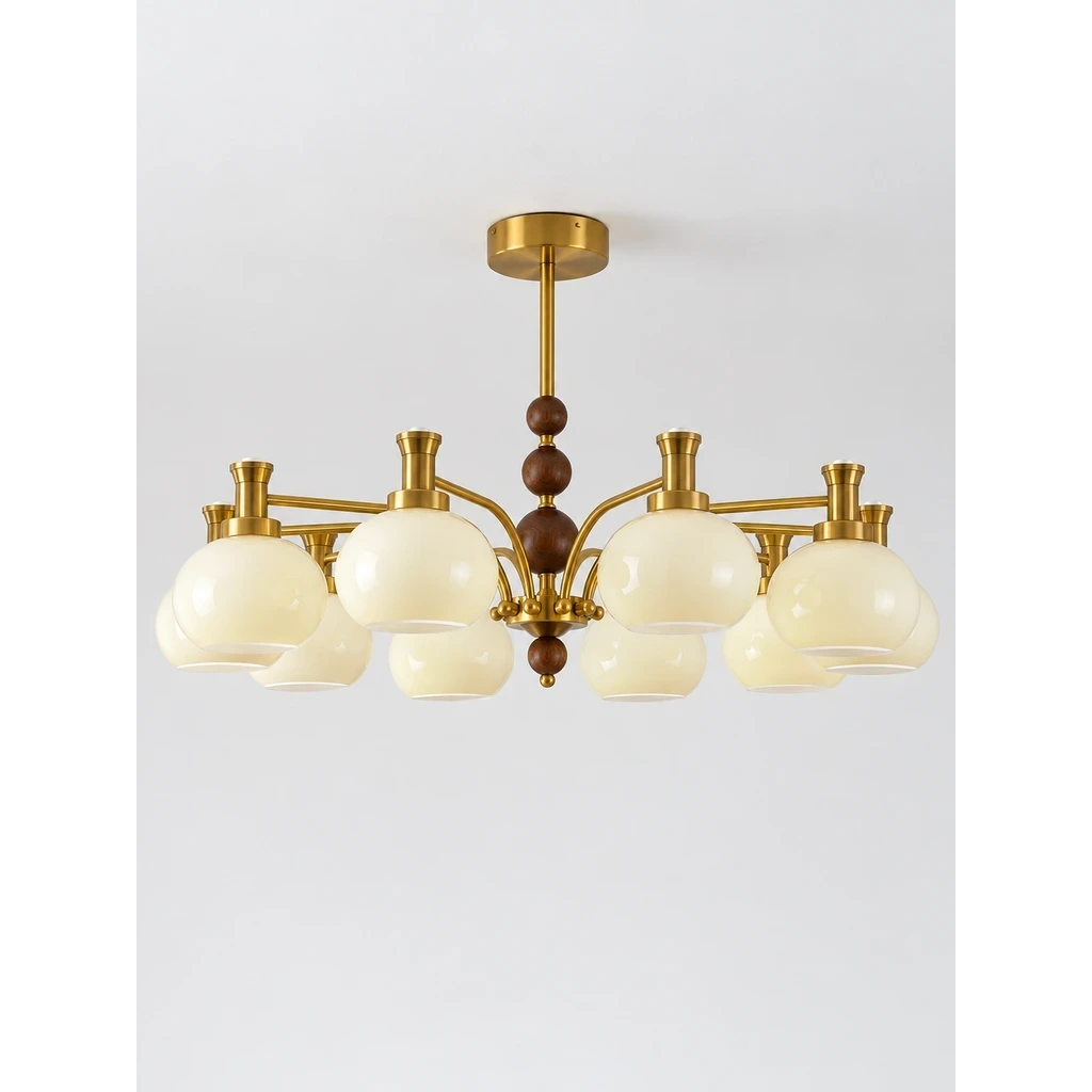 Maeve French Multi-Light Glass Wood Chandelier switched off in a neutral studio