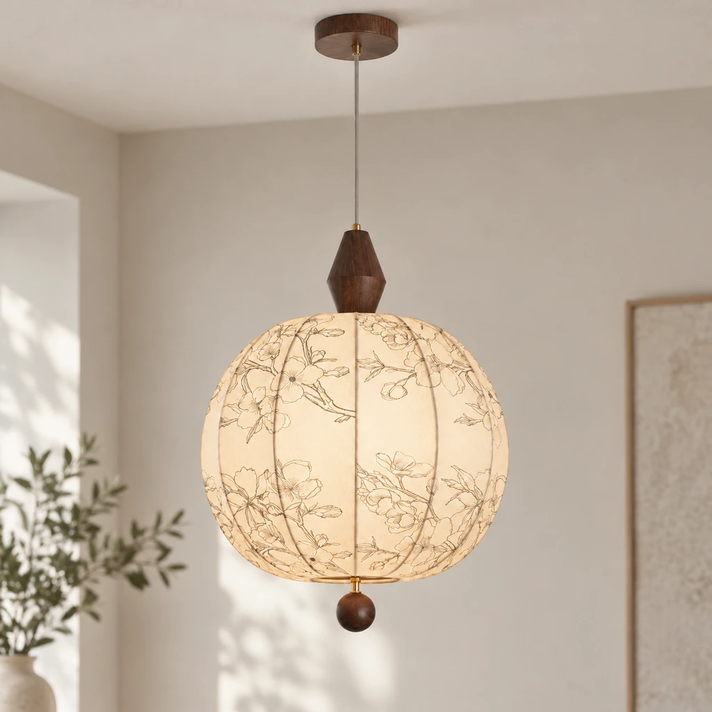 Amelia American Vintage Floral Wood & Fabric Pendant Light product image 1