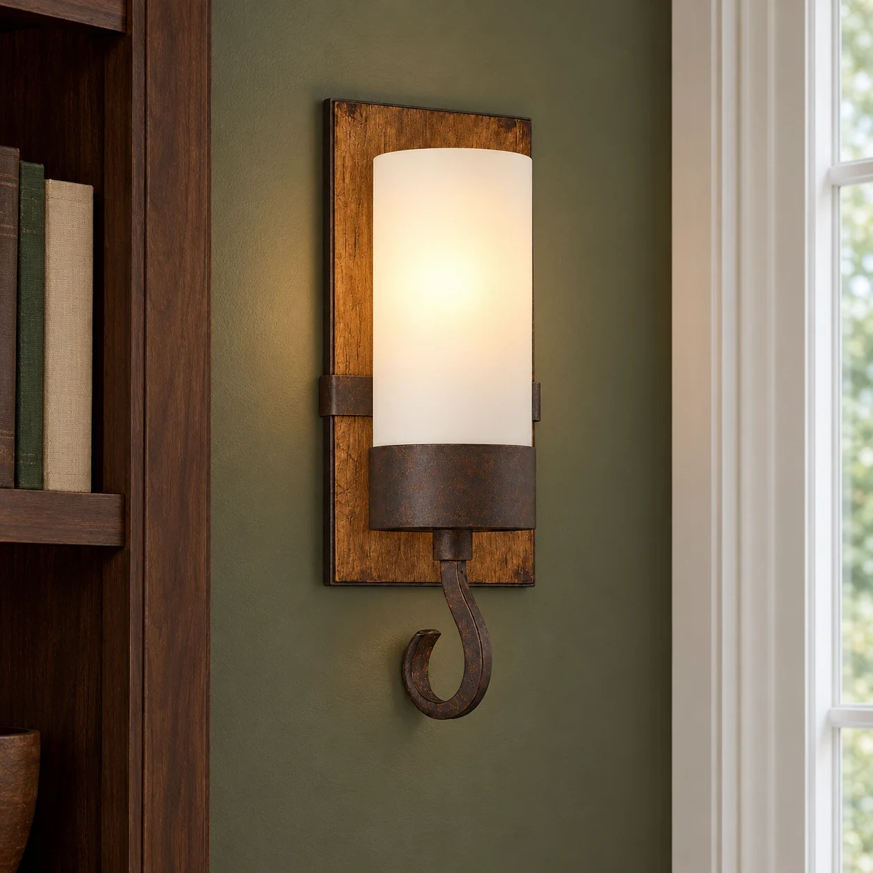 Wren wood and bronze wall sconce in an olive-toned study