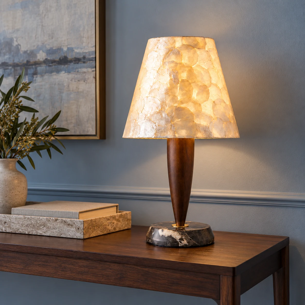 Vintage Textured Shell and Solid-Wood Table Lamp on a cool-toned entry console