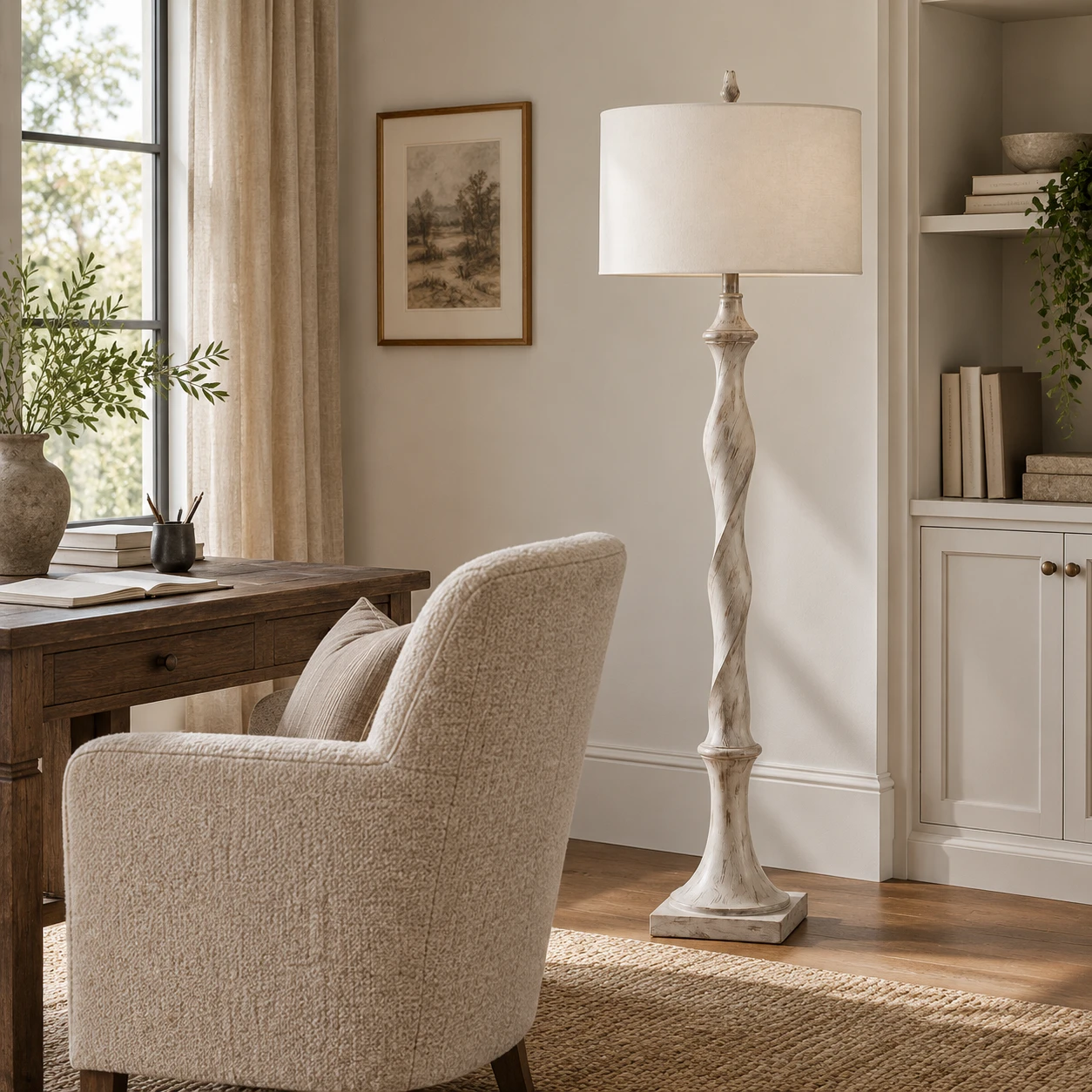 Mira Rustic Carved Wood Floor Lamp in a residential interior