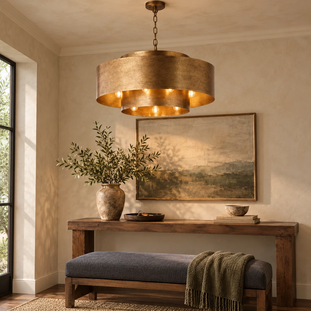 Isla pendant in a layered entry bench setting