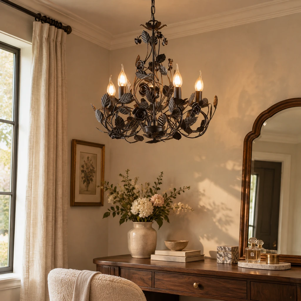 Cleo leaf chandelier above a dressing console