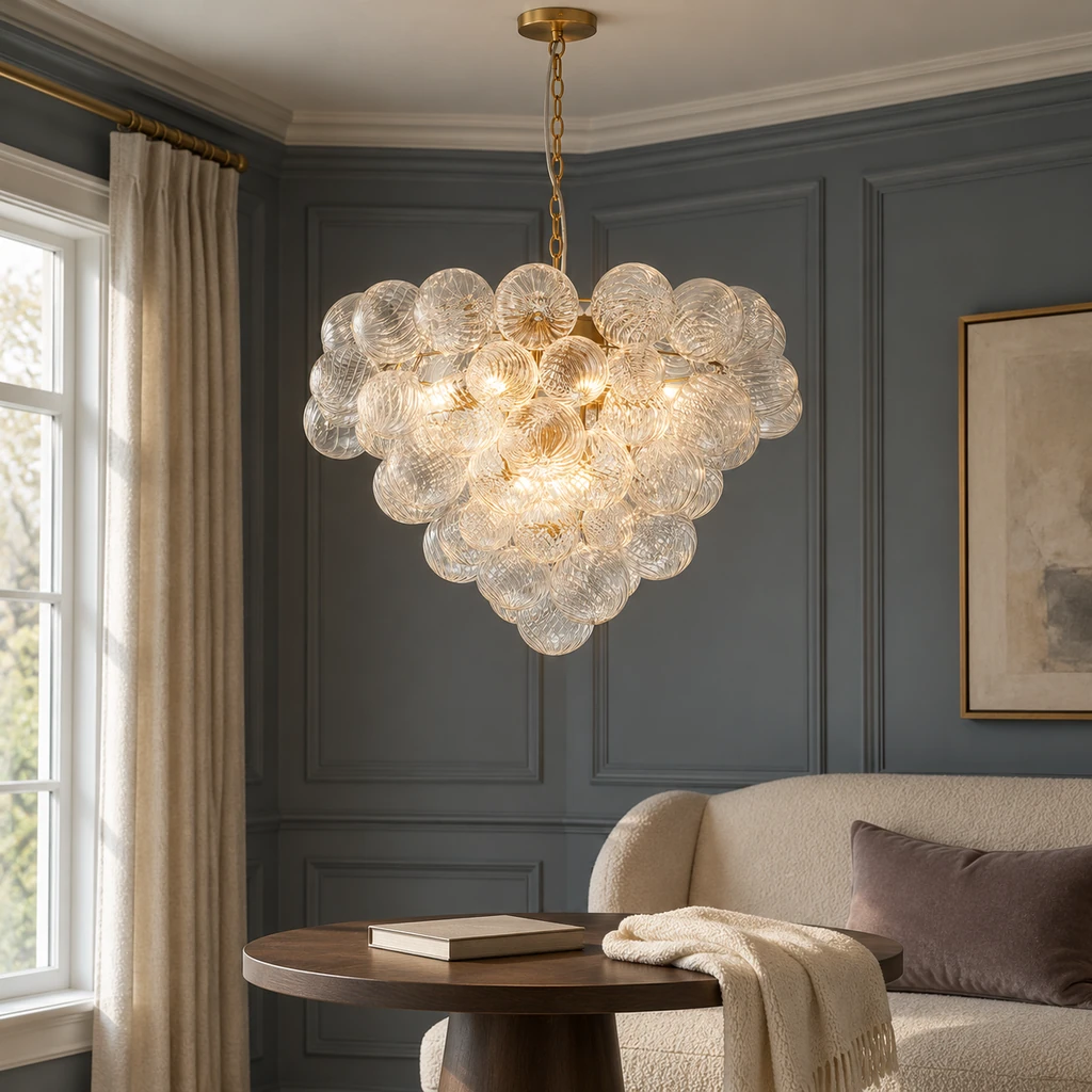 Amelie chandelier above a protected bedroom sitting zone