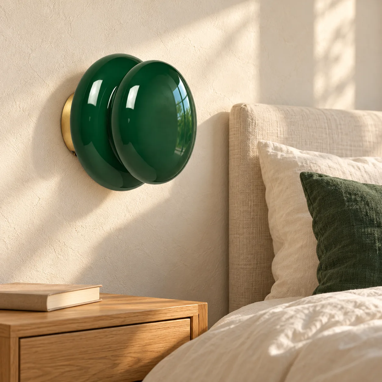 Dark green wall light beside a bed