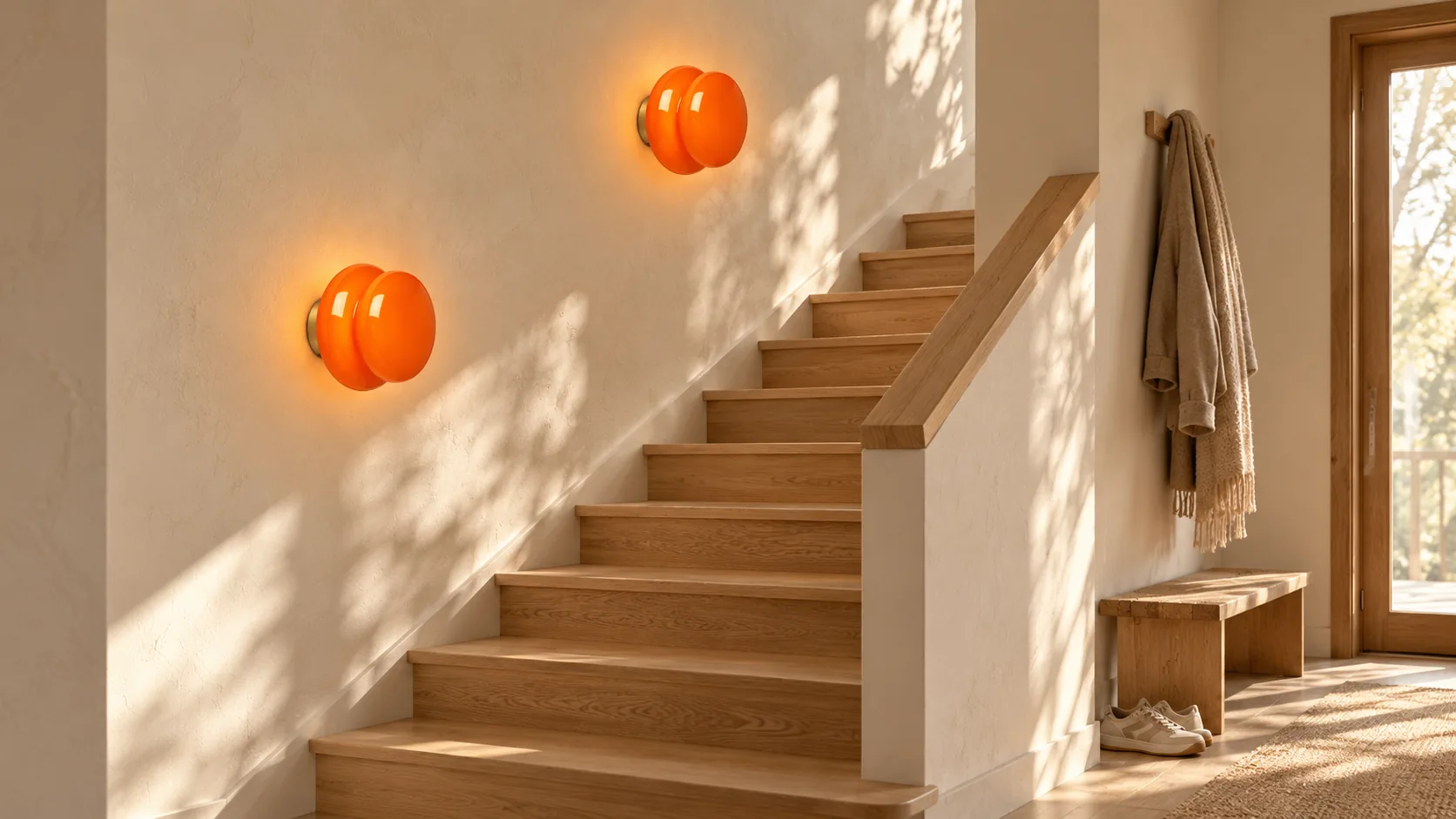 Two orange wall lights on a stair wall