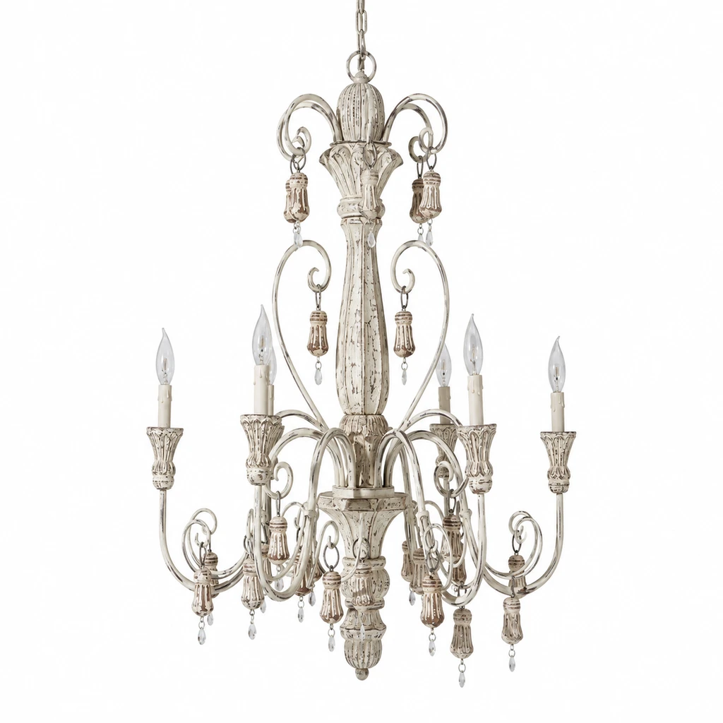 Elowen distressed carved wood chandelier on white