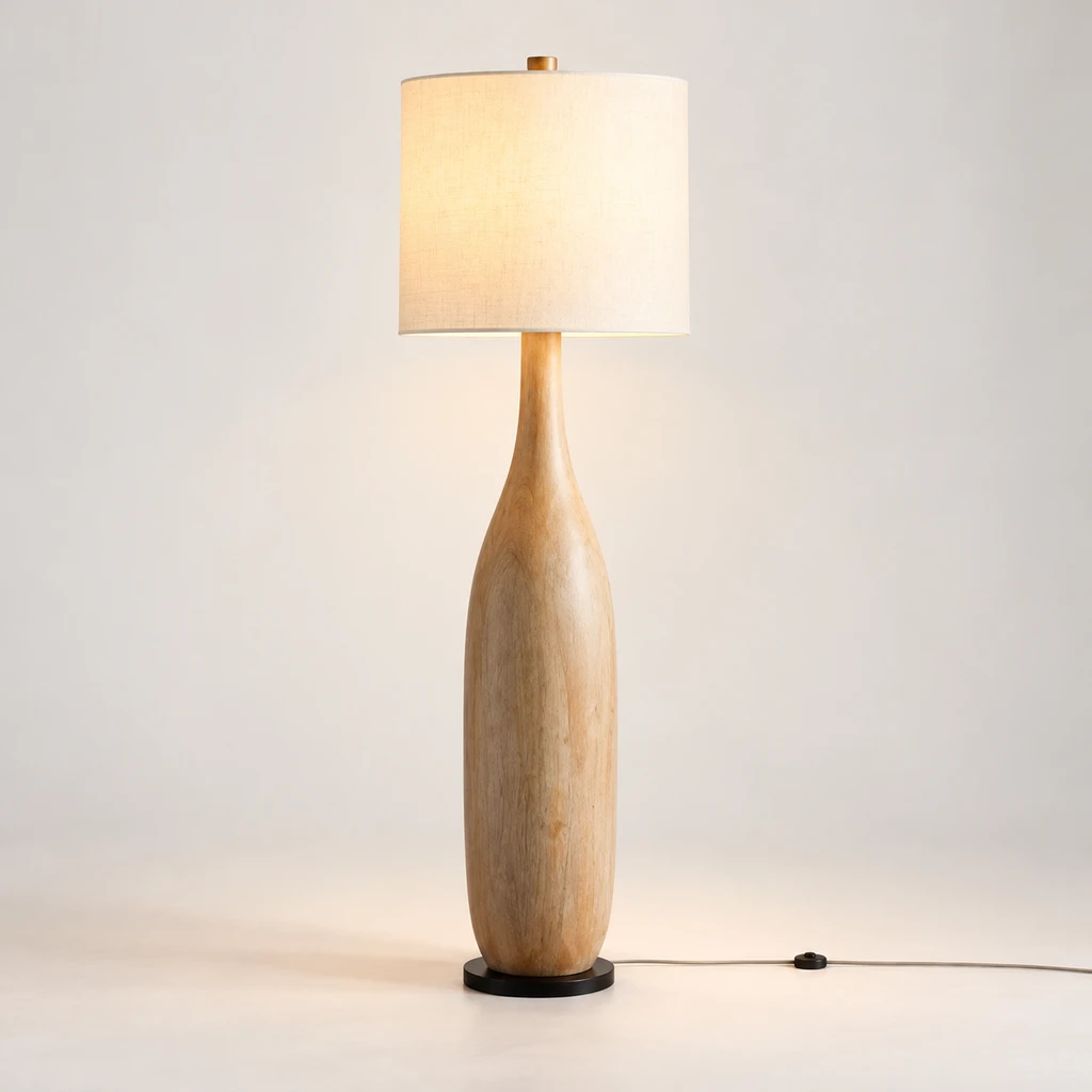 Amelia American Rustic Turned Wood and Fabric Floor Lamp, Natural Wood - 45 cm wide x 160 cm high, switched-on product in a neutral studio