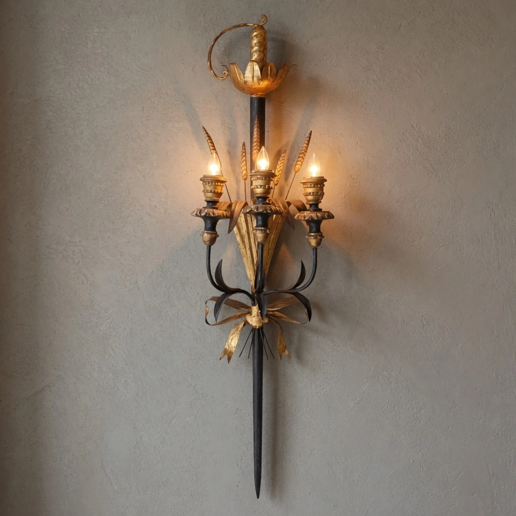 Calla three-light distressed iron wall sconce in a pale foyer