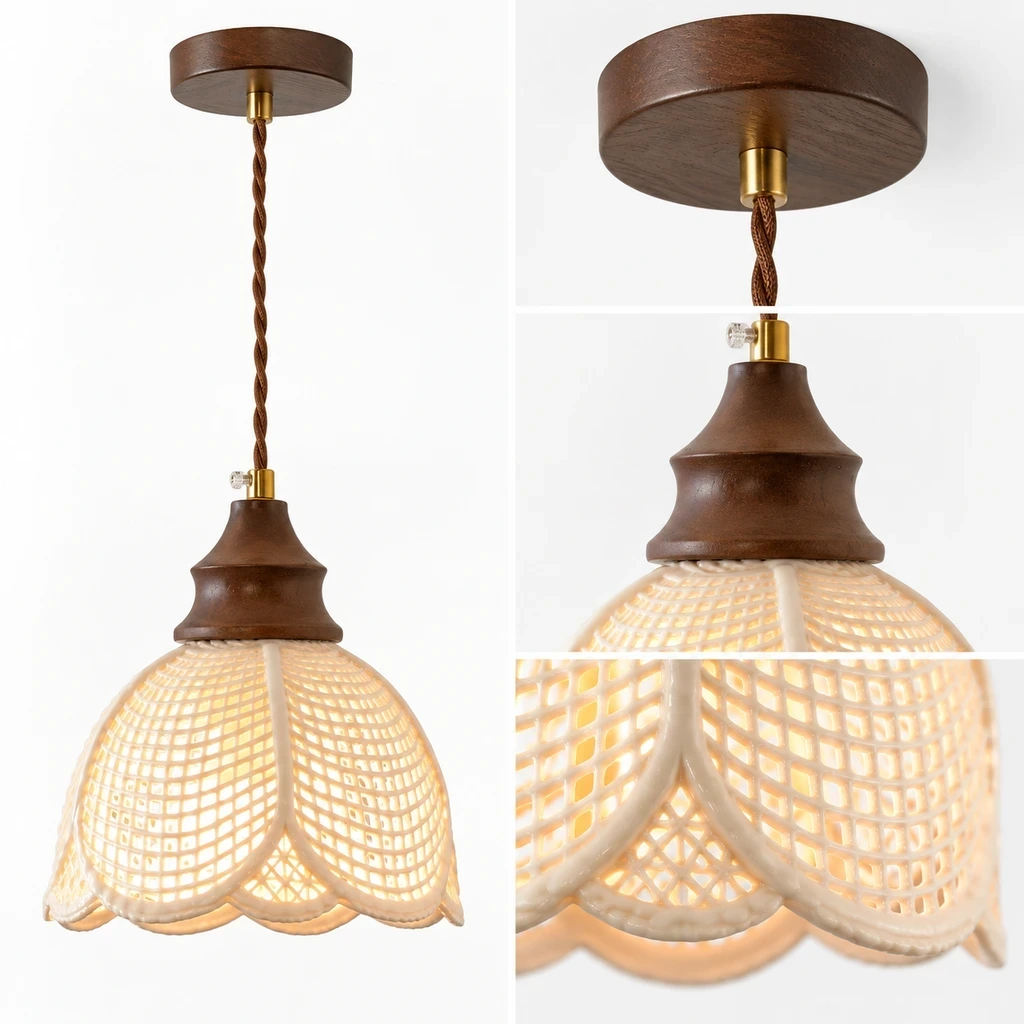 Close detail of Lina Vintage Floral Ceramic Wood Pendant Light connection