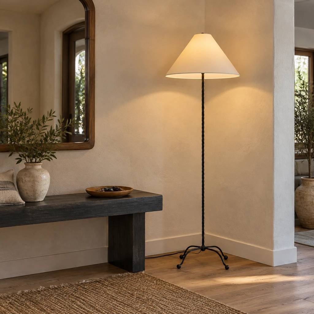 Sage floor lamp in a layered entry