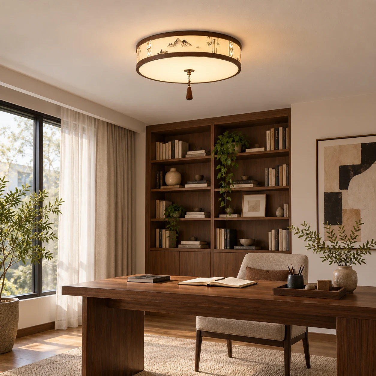 Mei landscape fabric flush mount ceiling light above a study desk