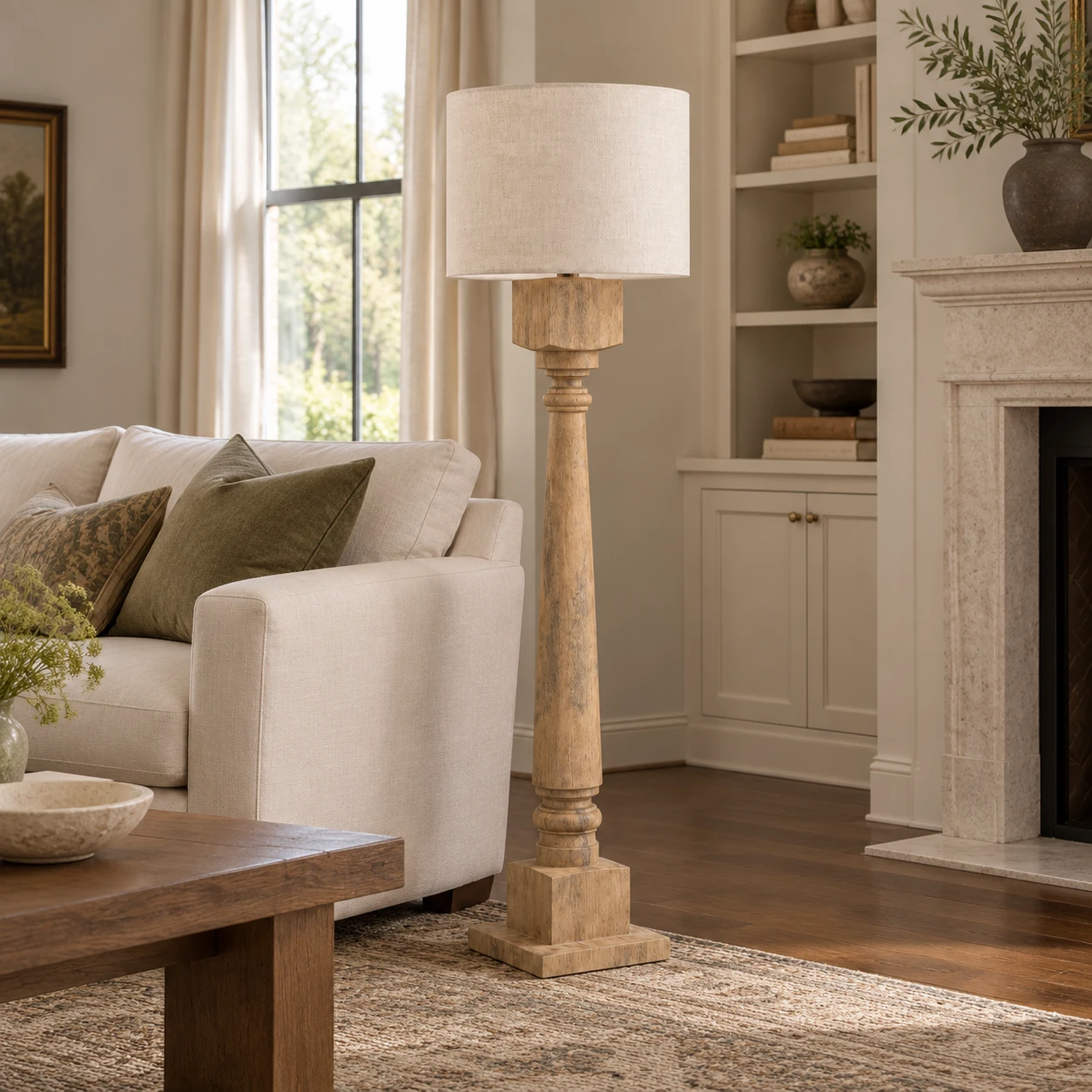 Natural Wood carved wood floor lamp in family living room