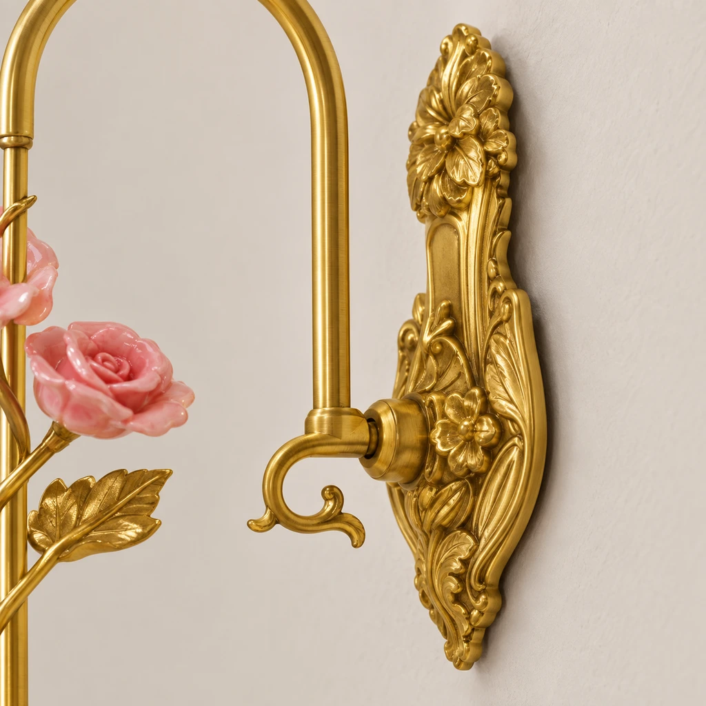 Close detail of the flush wall backplate and brass connection