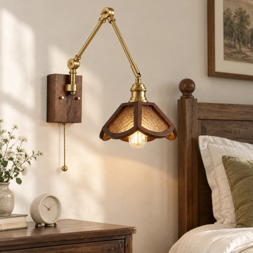 Wushlp Vintage Adjustable Ash-Wood and Copper Wall Light beside a bedroom