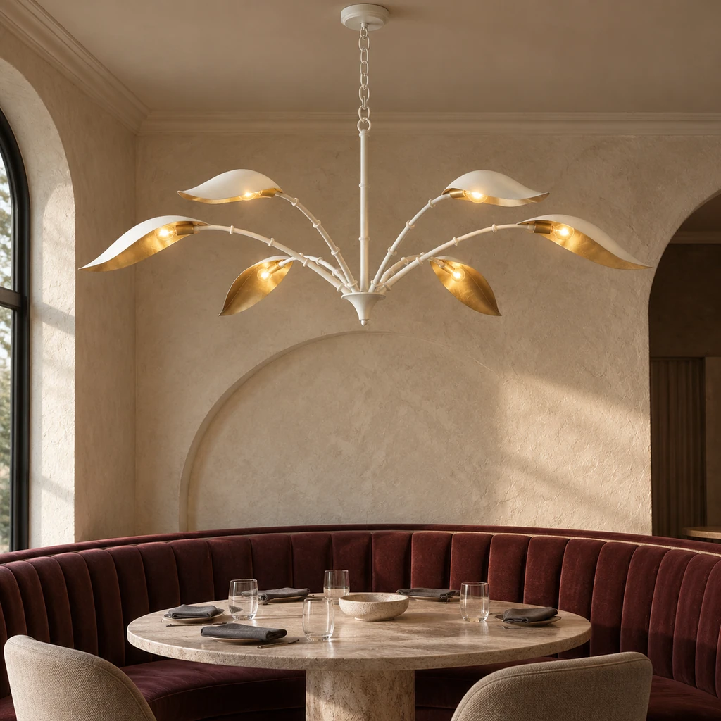 Elowen botanical chandelier above a hospitality lounge seating zone