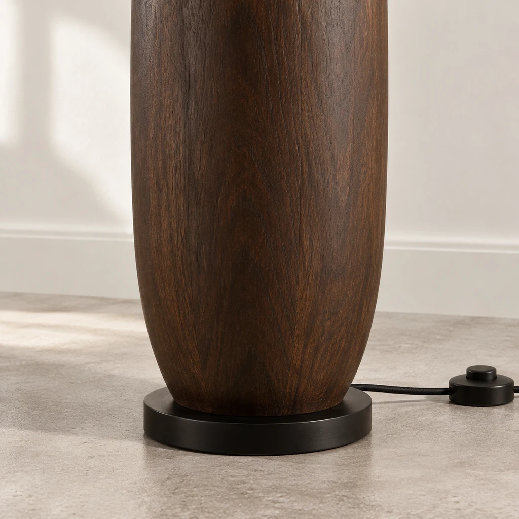 Amelia American Rustic Turned Wood and Fabric Floor Lamp, Dark Coffee - 45 cm wide x 160 cm high, close view of the structural connection