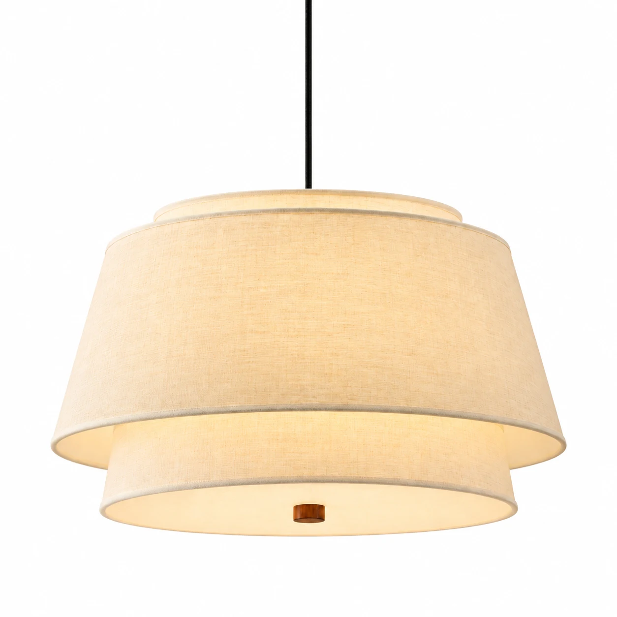 Liora Vintage Double-Tier Fabric and Wood Pendant Light, Cream, on a clean white background